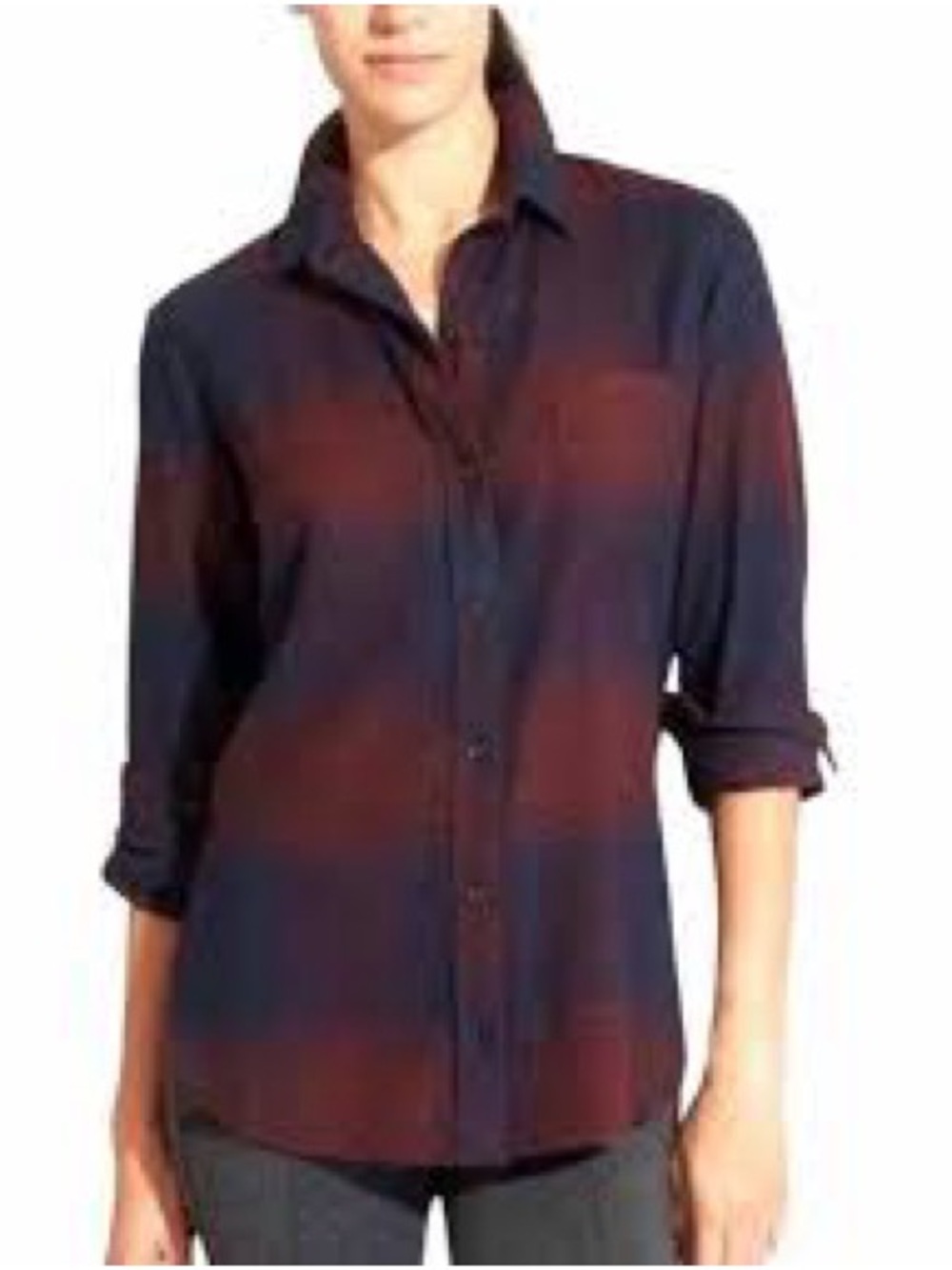 Athleta Lumberjill Burgundy Navy Flannel Button Down Shirt L
